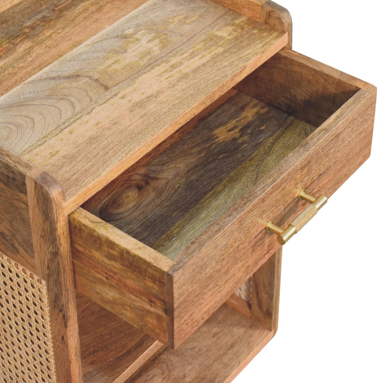 Solid Mango Wood Oak Finished 1 Drawer 2 Slots Larissa T-Bar Open Bedside - Image 6