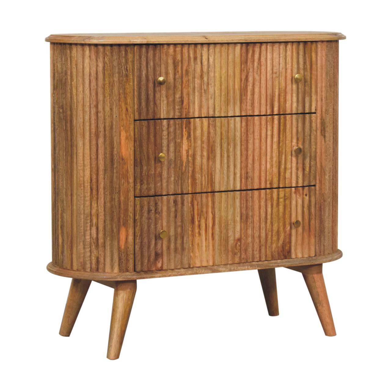 Solid Mango Wood Oak Finished 3 Drawer Patterned Soba Nordic Chest - Image 2
