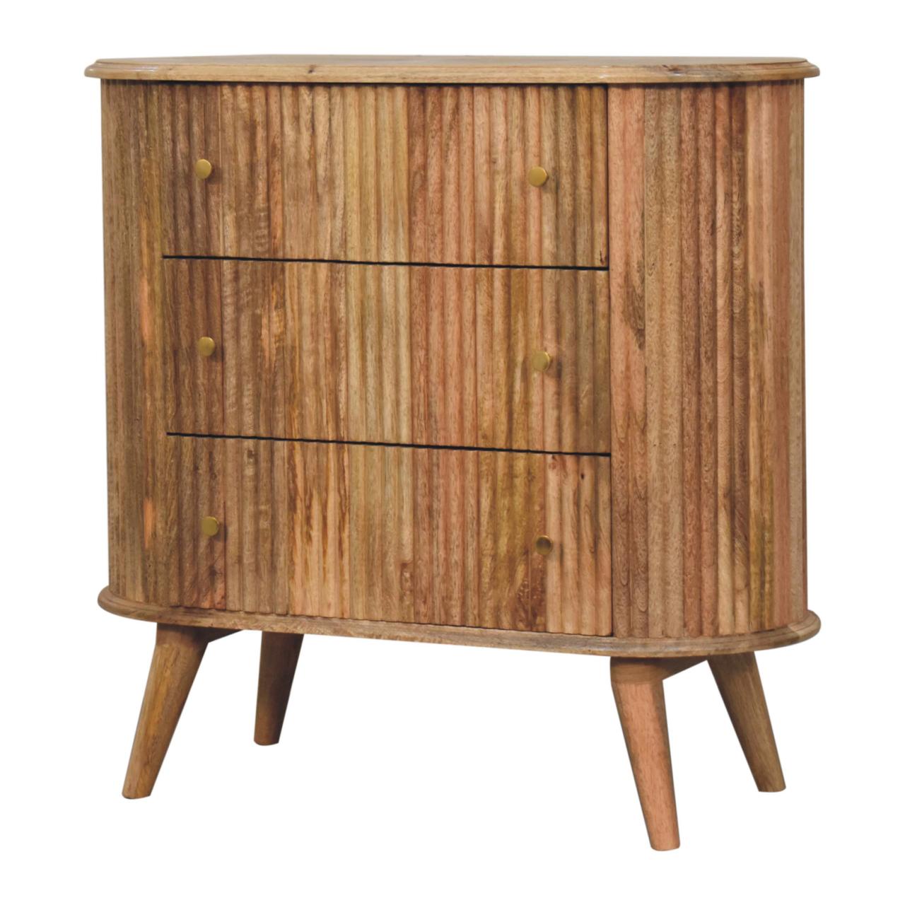 Solid Mango Wood Oak Finished 3 Drawer Patterned Soba Nordic Chest - Image 3