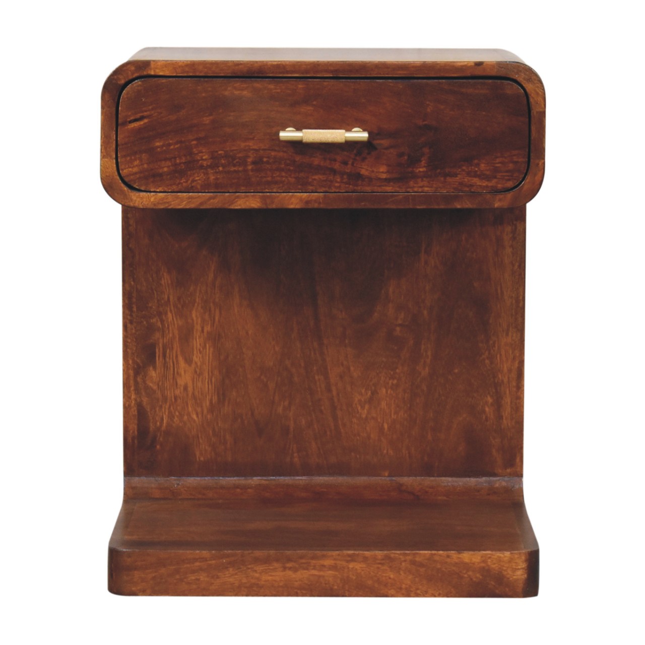 Solid Mango Wood Chestnut Finished 1 Drawer T-Bar Rounded Bedside