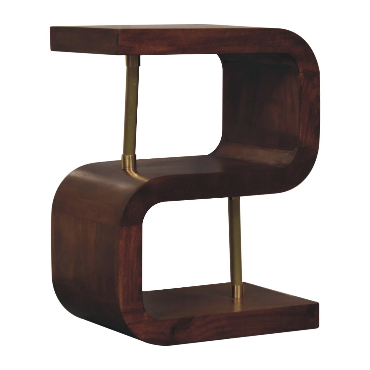Solid Mango Wood Chestnut Finished S-Curve Brass Detail Bedside - Image 2