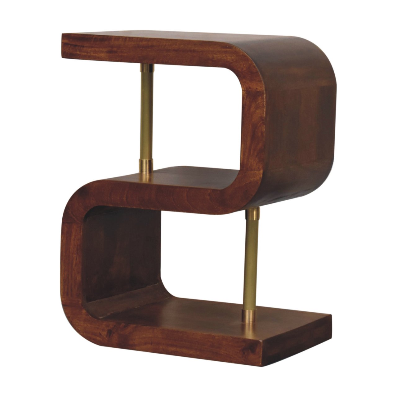Solid Mango Wood Chestnut Finished S-Curve Brass Detail Bedside - Image 3