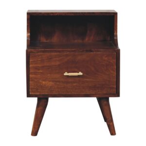Solid Mango Wood Chestnut Finished 1 Drawer T-bar Handle High Back Bedside