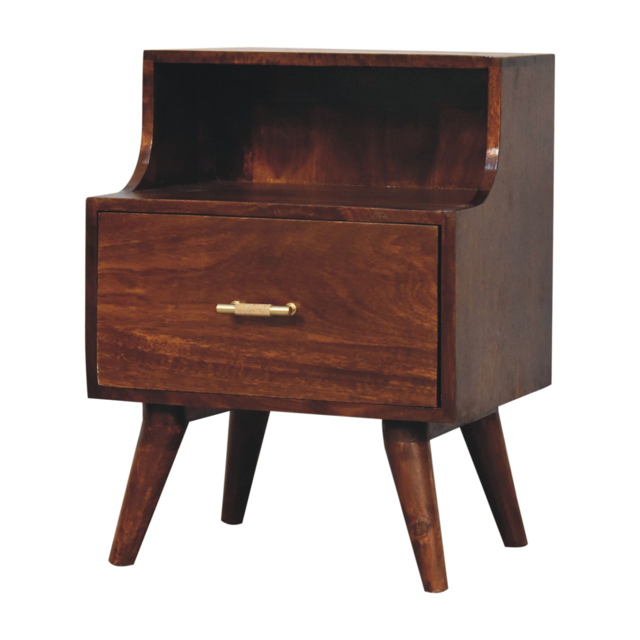 Solid Mango Wood Chestnut Finished 1 Drawer T-bar Handle High Back Bedside - Image 2