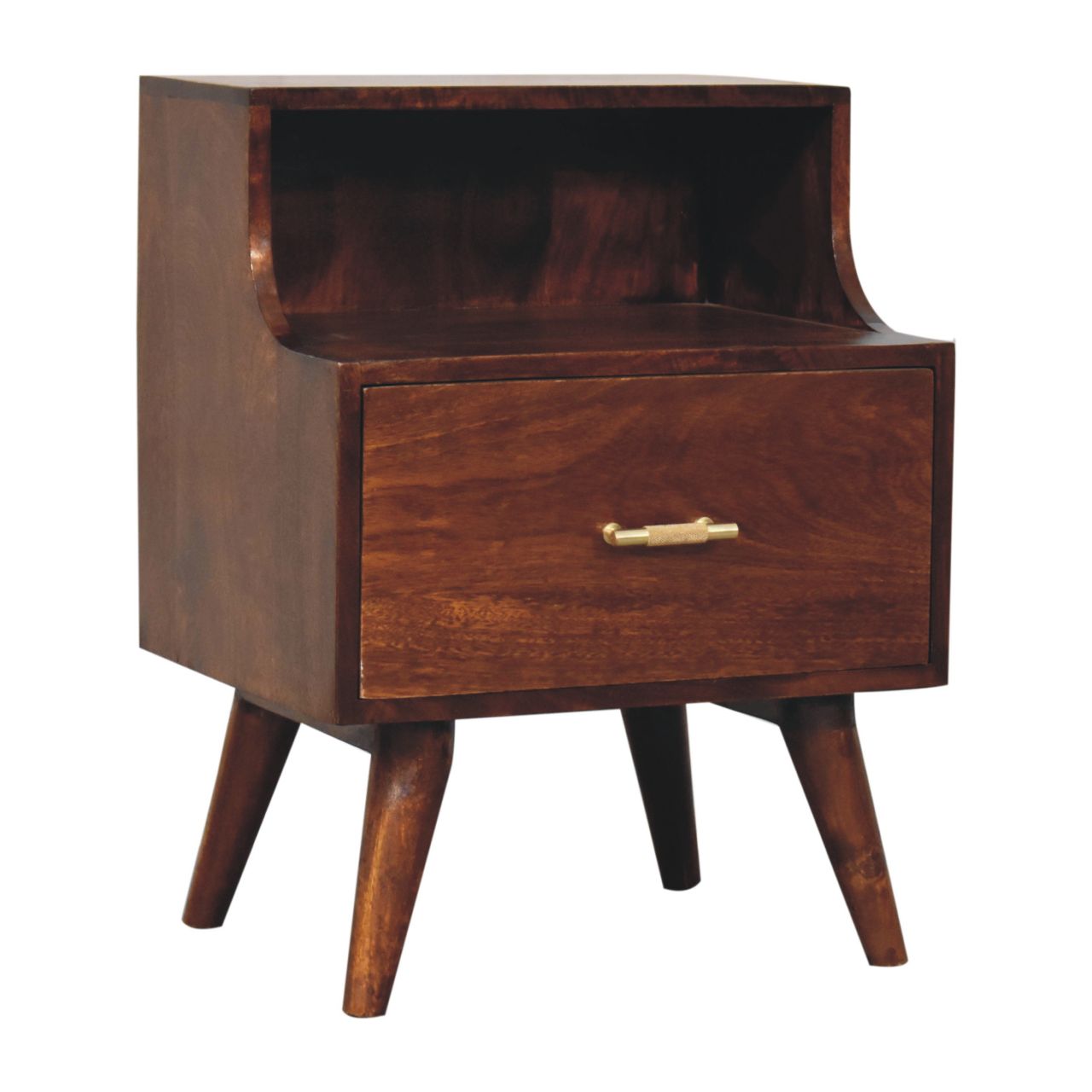 Solid Mango Wood Chestnut Finished 1 Drawer T-bar Handle High Back Bedside - Image 3
