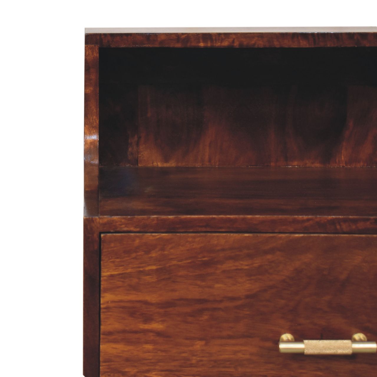 Solid Mango Wood Chestnut Finished 1 Drawer T-bar Handle High Back Bedside - Image 4
