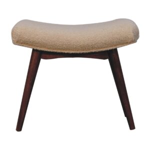 Solid Mango Wood Honey Caramel Finished Boucle Cream Upholstered Curved Bench