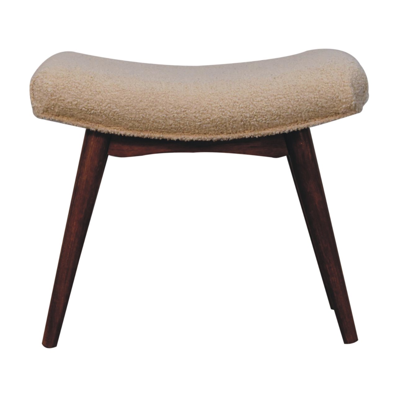 Solid Mango Wood Honey Caramel Finished Boucle Cream Upholstered Curved Bench