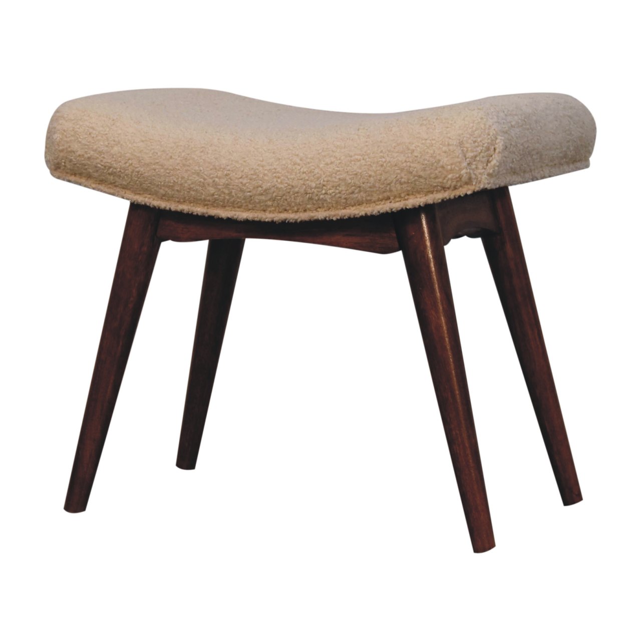 Solid Mango Wood Honey Caramel Finished Boucle Cream Upholstered Curved Bench - Image 2