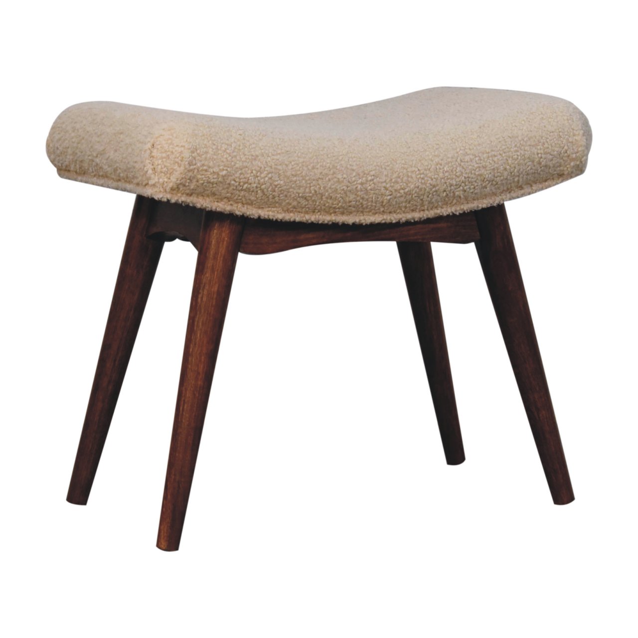 Solid Mango Wood Honey Caramel Finished Boucle Cream Upholstered Curved Bench - Image 3