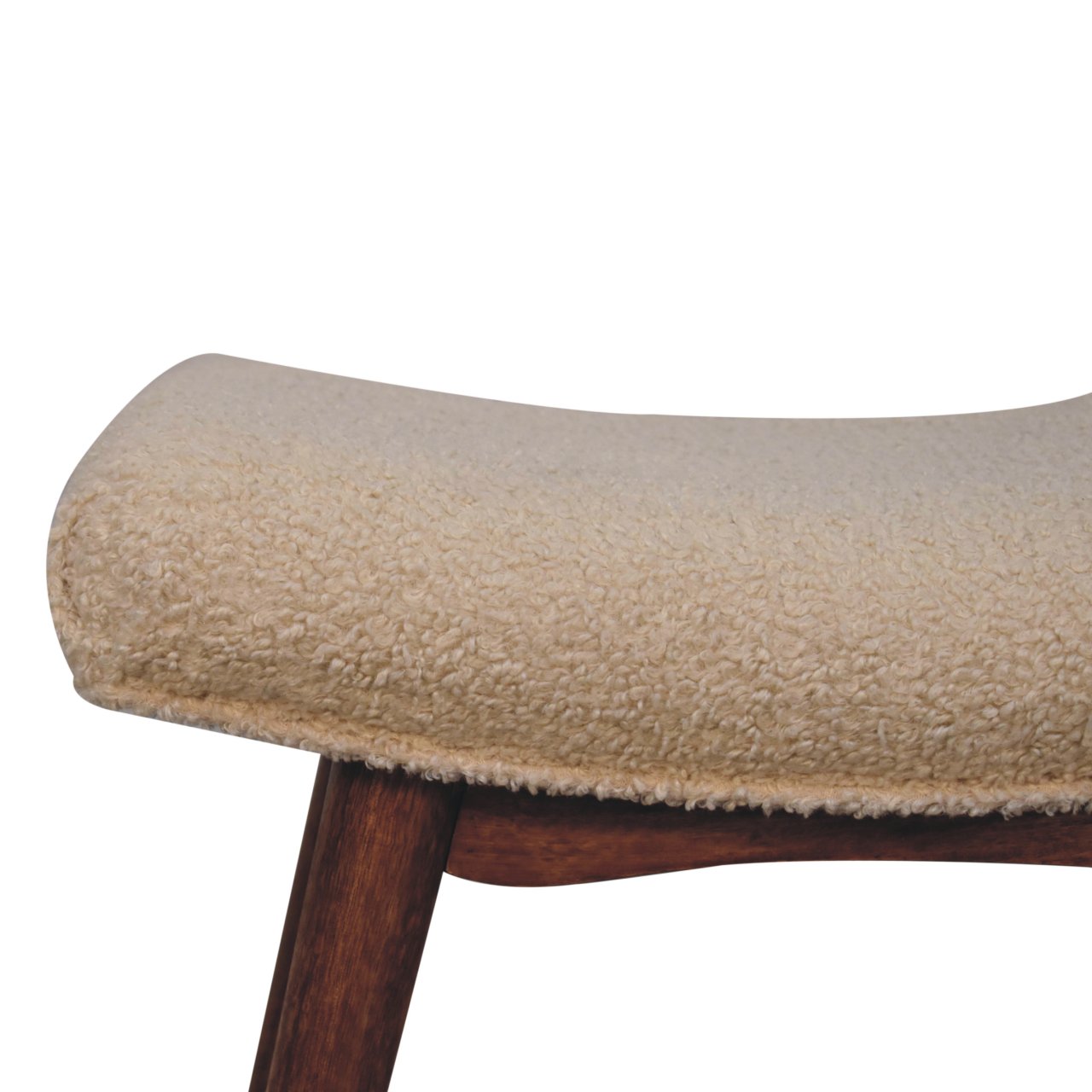 Solid Mango Wood Honey Caramel Finished Boucle Cream Upholstered Curved Bench - Image 4