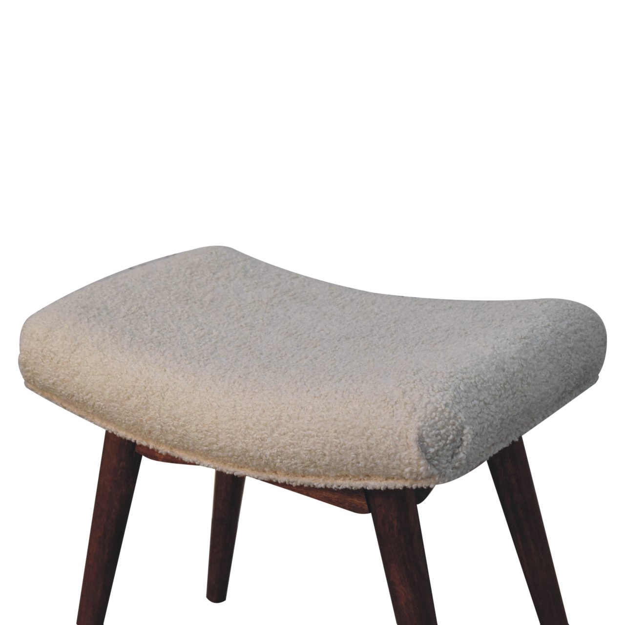 Solid Mango Wood Honey Caramel Finished Boucle Cream Upholstered Curved Bench - Image 5