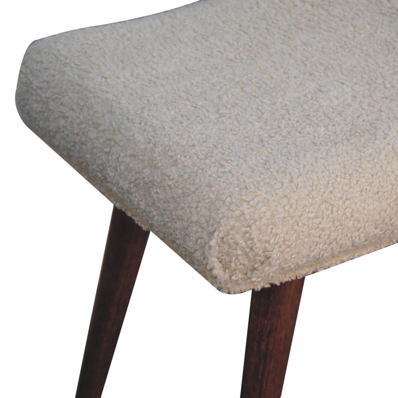 Solid Mango Wood Honey Caramel Finished Boucle Cream Upholstered Curved Bench - Image 6