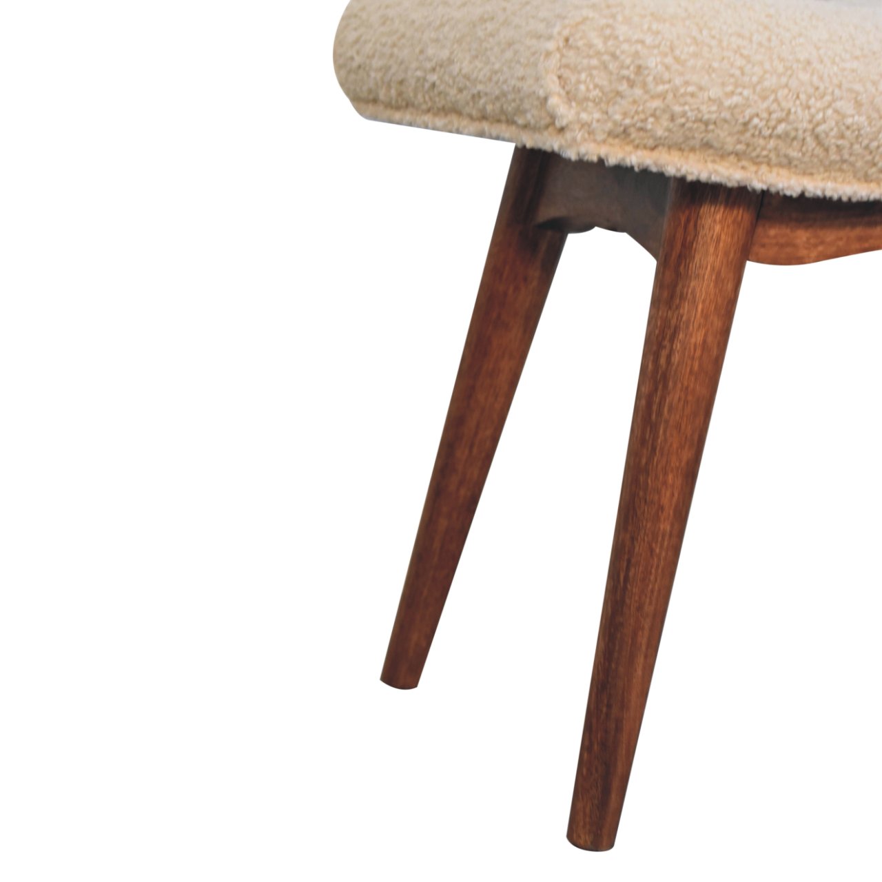 Solid Mango Wood Honey Caramel Finished Boucle Cream Upholstered Curved Bench - Image 7