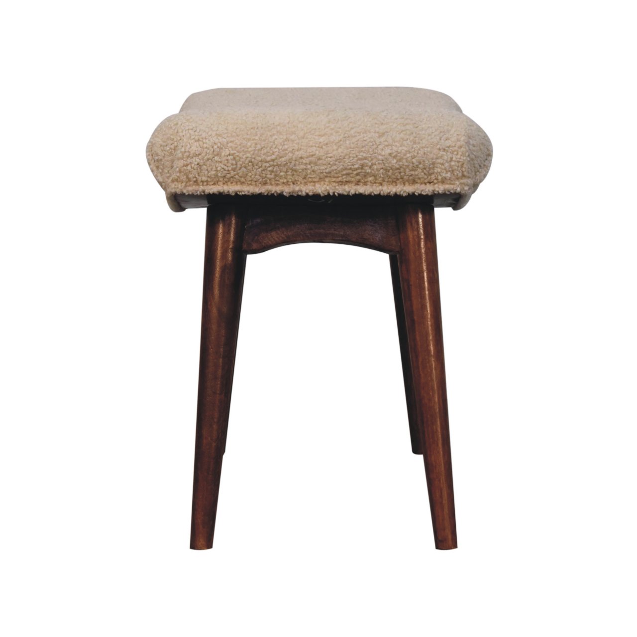 Solid Mango Wood Honey Caramel Finished Boucle Cream Upholstered Curved Bench - Image 8