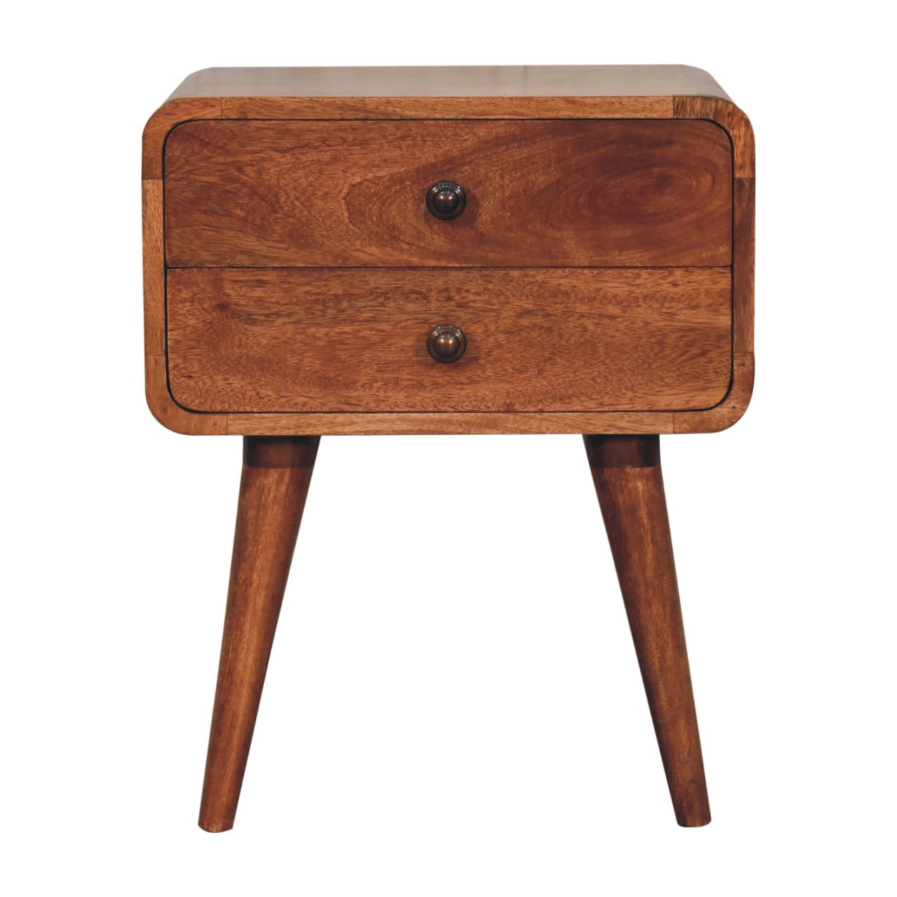 Solid Mango Wood Curved Honey Caramel Finished 2 Drawer Bedside - Image 9