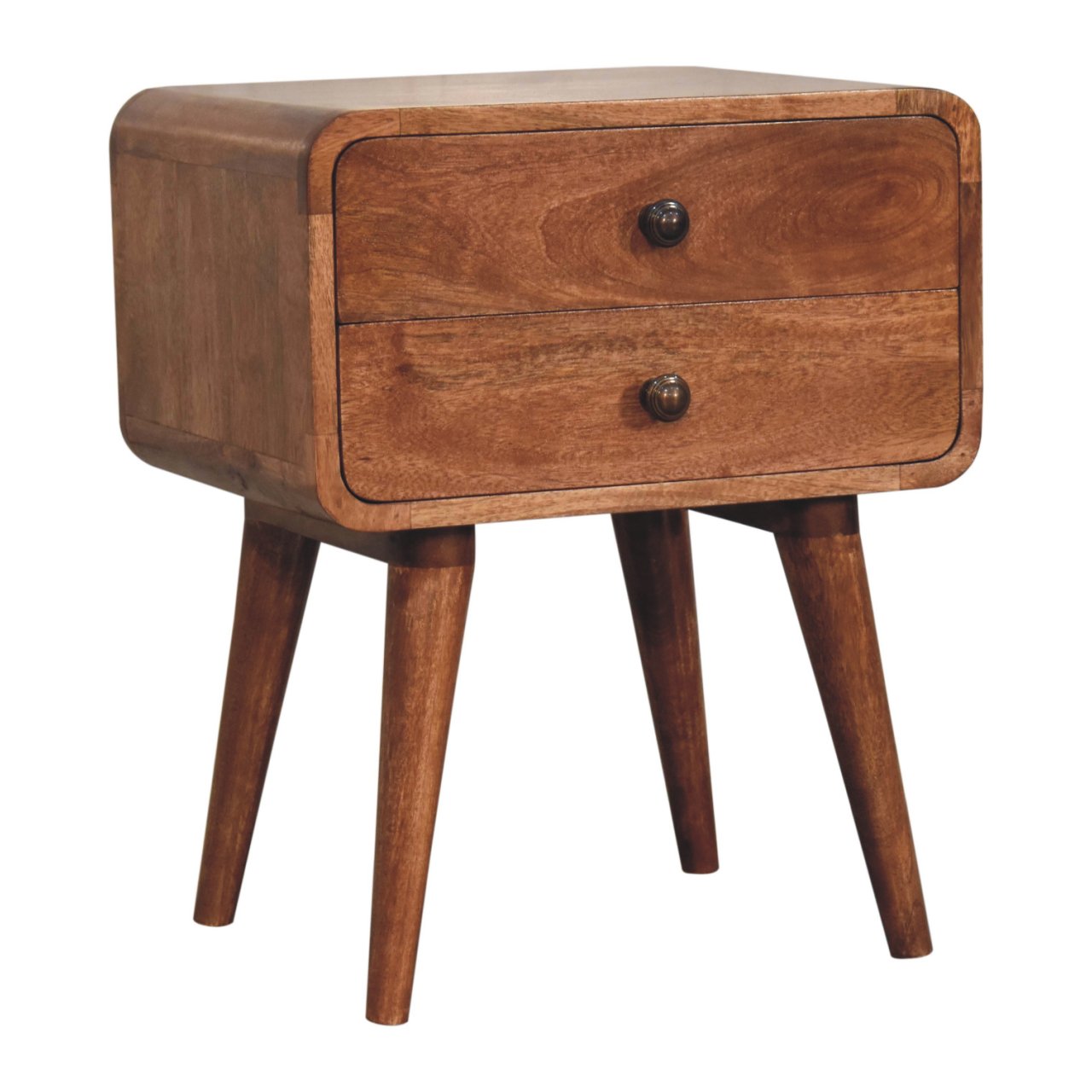 Solid Mango Wood Curved Honey Caramel Finished 2 Drawer Bedside - Image 7