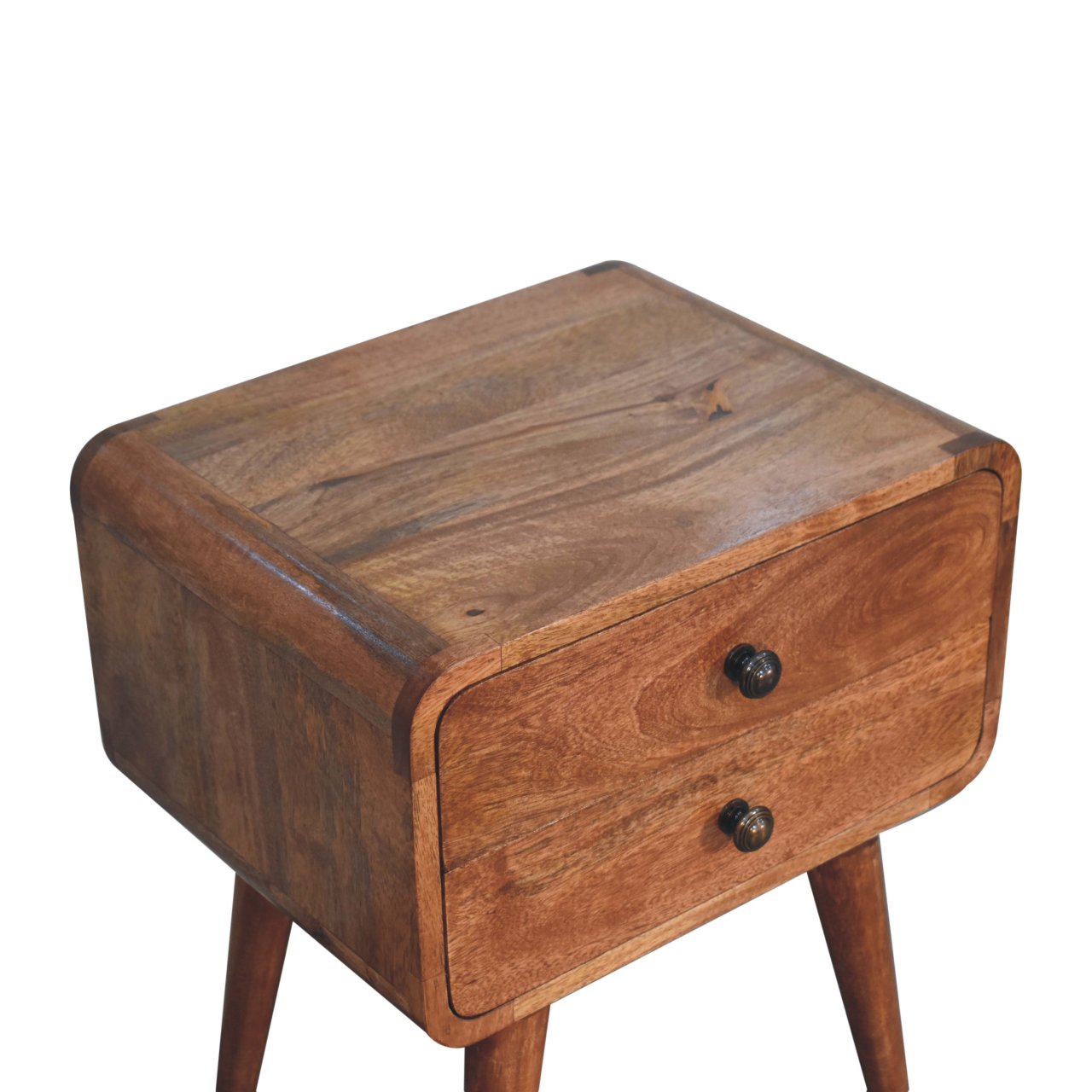 Solid Mango Wood Curved Honey Caramel Finished 2 Drawer Bedside - Image 5