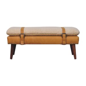 Solid Mango Wood Boucle & Tan Leather Finished Bench