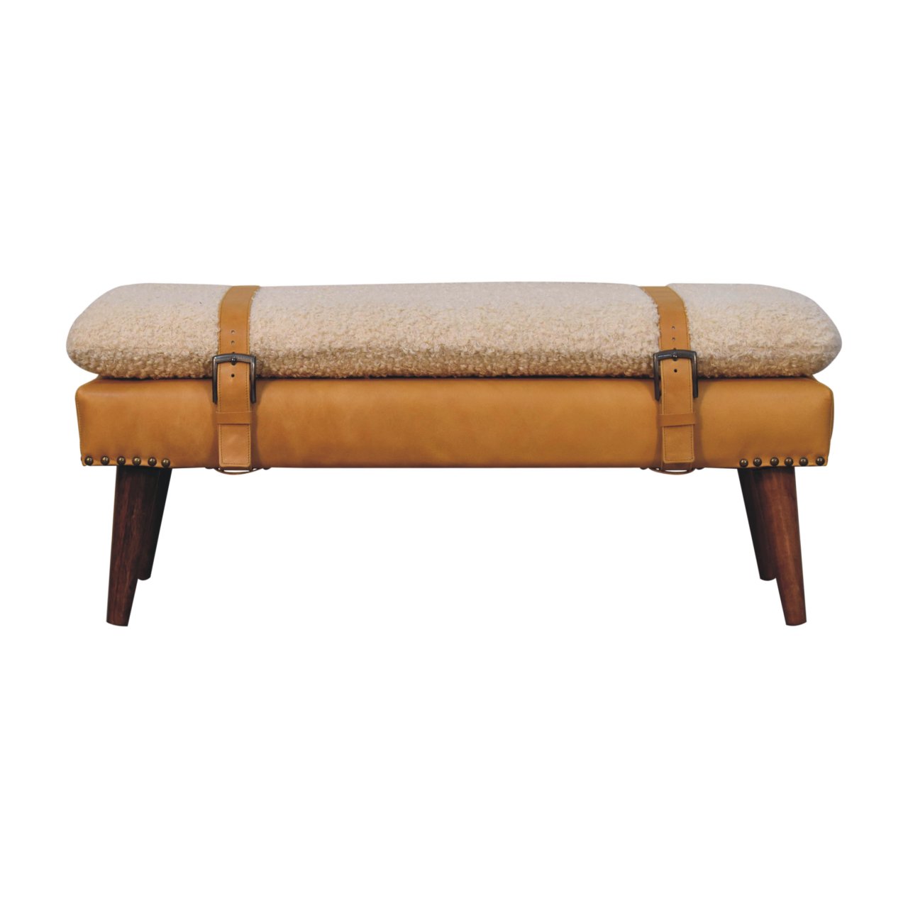 Solid Mango Wood Boucle & Tan Leather Finished Bench