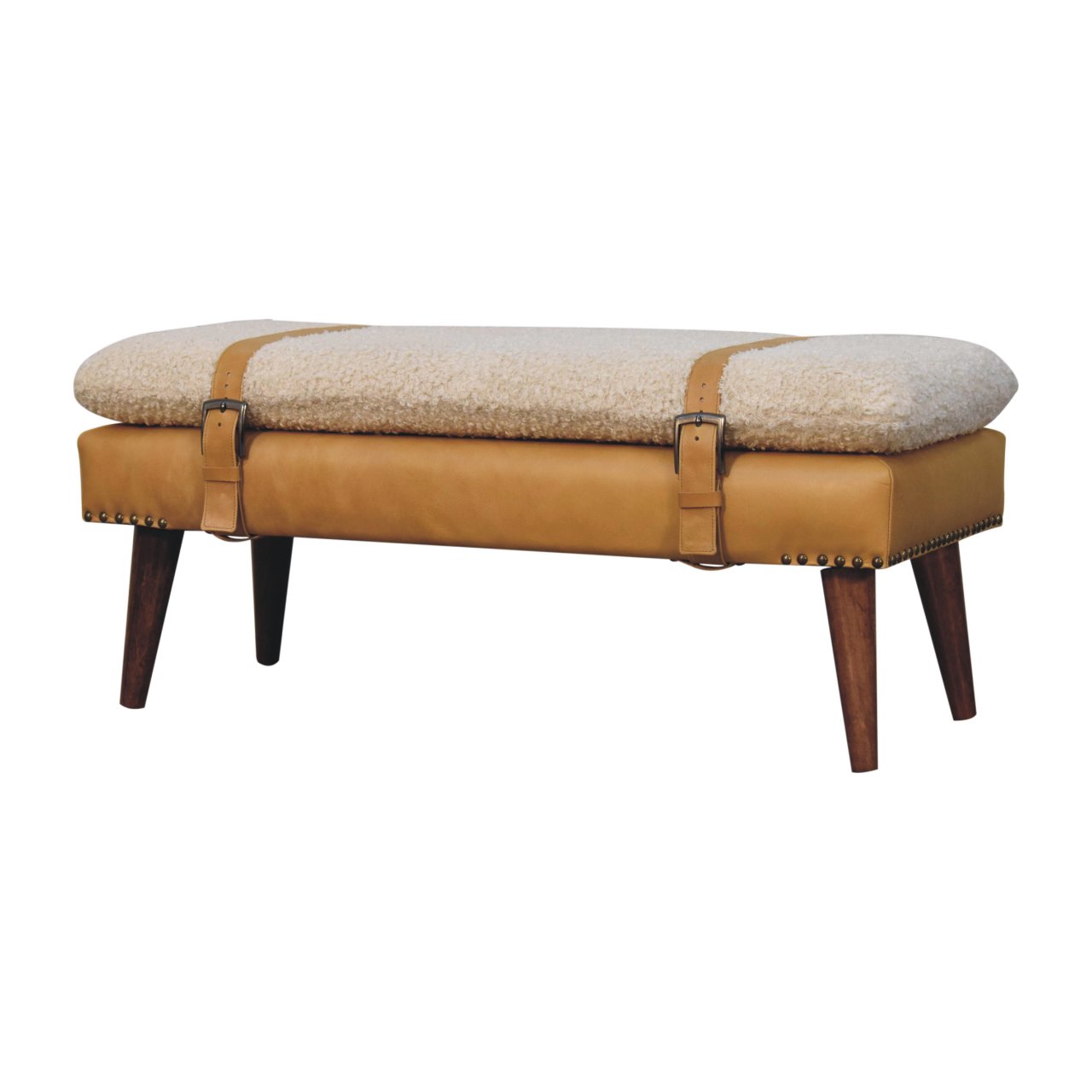 Solid Mango Wood Boucle & Tan Leather Finished Bench - Image 2