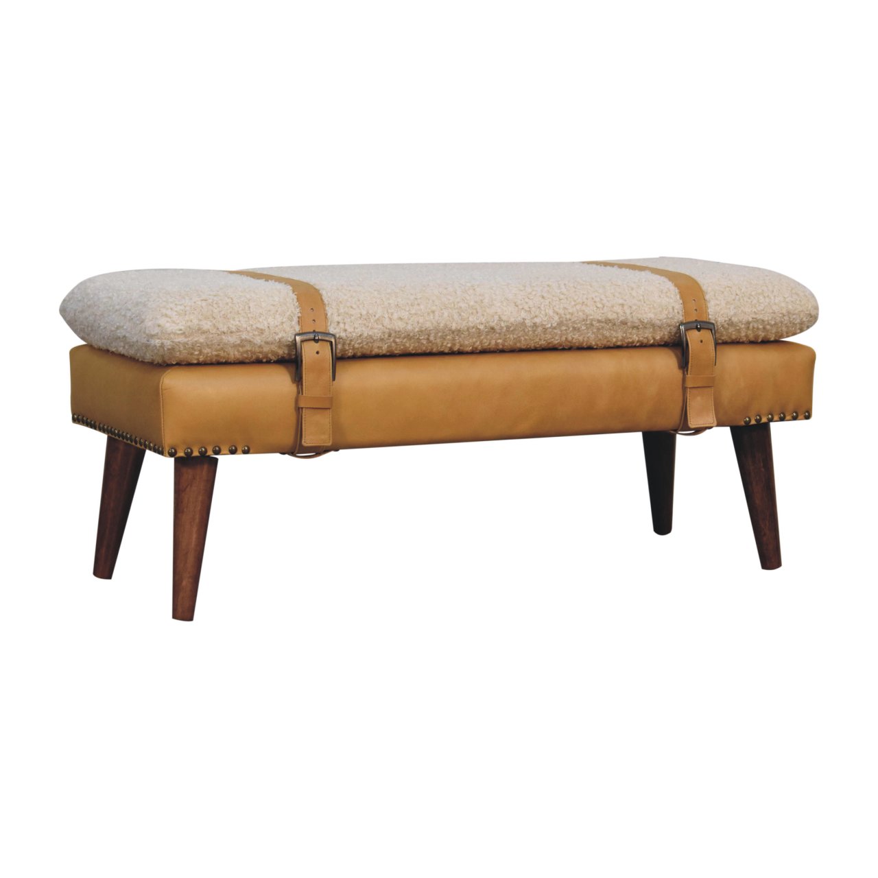 Solid Mango Wood Boucle & Tan Leather Finished Bench - Image 3