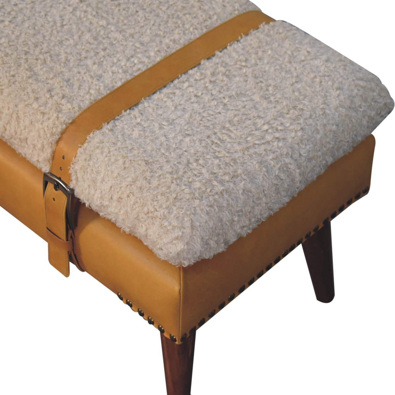 Solid Mango Wood Boucle & Tan Leather Finished Bench - Image 5