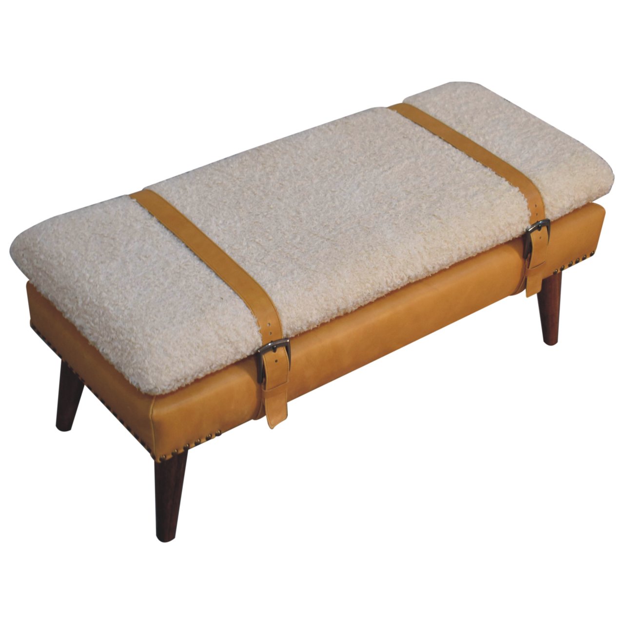 Solid Mango Wood Boucle & Tan Leather Finished Bench - Image 6