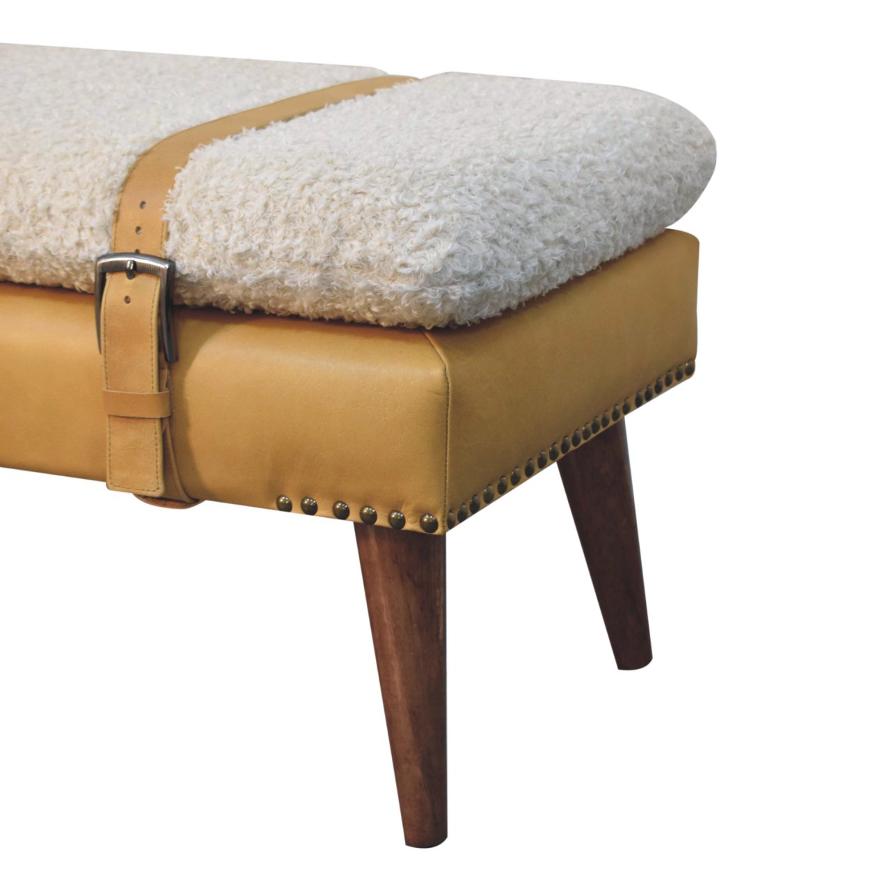 Solid Mango Wood Boucle & Tan Leather Finished Bench - Image 7