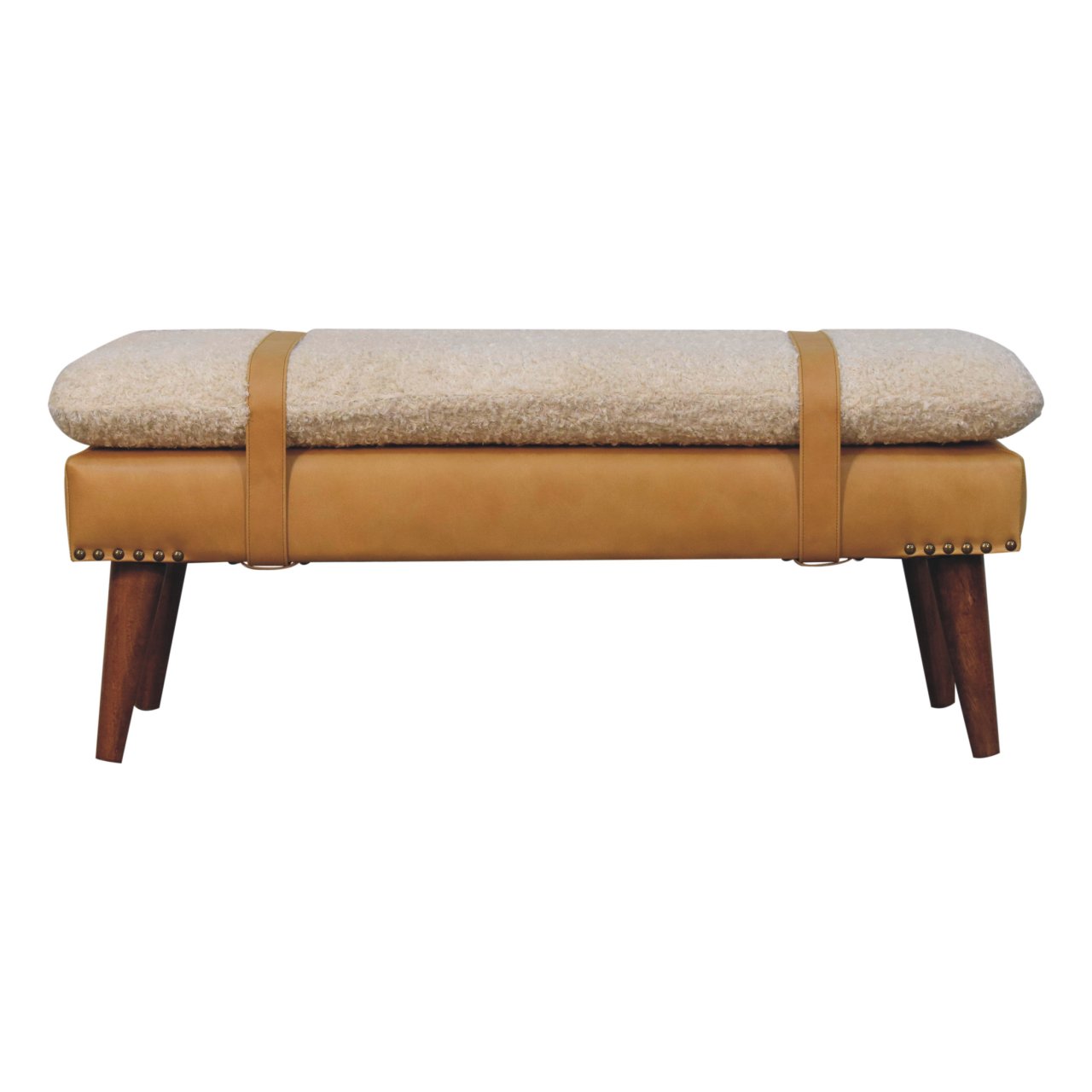 Solid Mango Wood Boucle & Tan Leather Finished Bench - Image 9