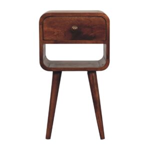 Solid Mango Wood Honey Caramel Finished 1 Drawer Mini Curved Bedside with Lower Slot