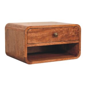 Solid Mango Wood Honey Caramel Finished 1 Drawer Curved Wall Mounted Bedside with Open Slot