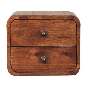 Solid Mango Wood Honey Caramel Finished 2 Drawer Mini Curved Wall Mounted Bedside