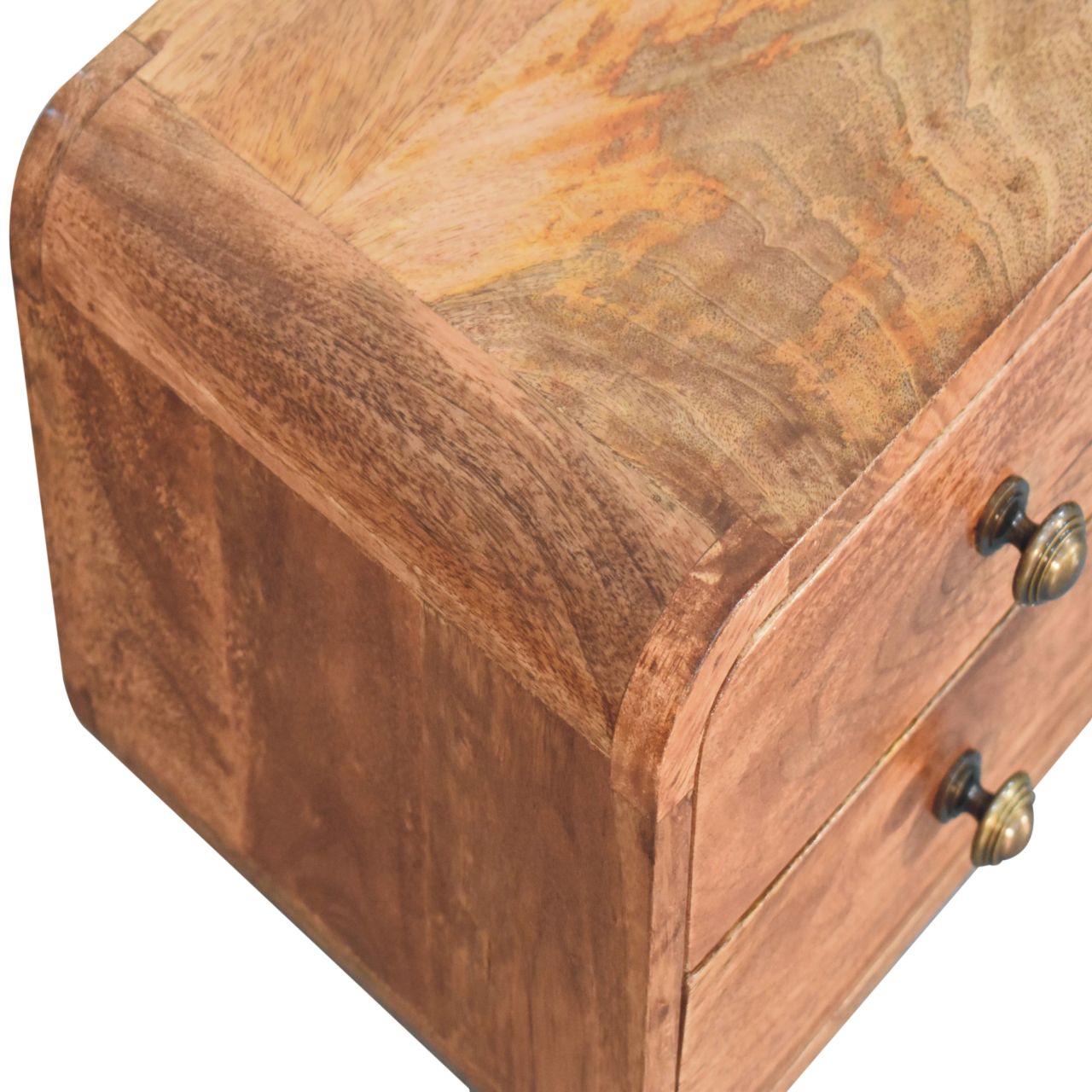 Solid Mango Wood Honey Caramel Finished 2 Drawer Mini Curved Wall Mounted Bedside - Image 5