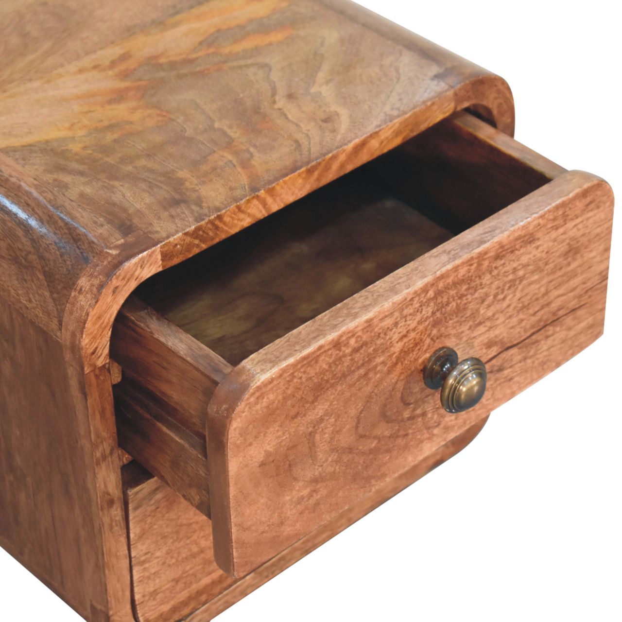 Solid Mango Wood Honey Caramel Finished 2 Drawer Mini Curved Wall Mounted Bedside - Image 6