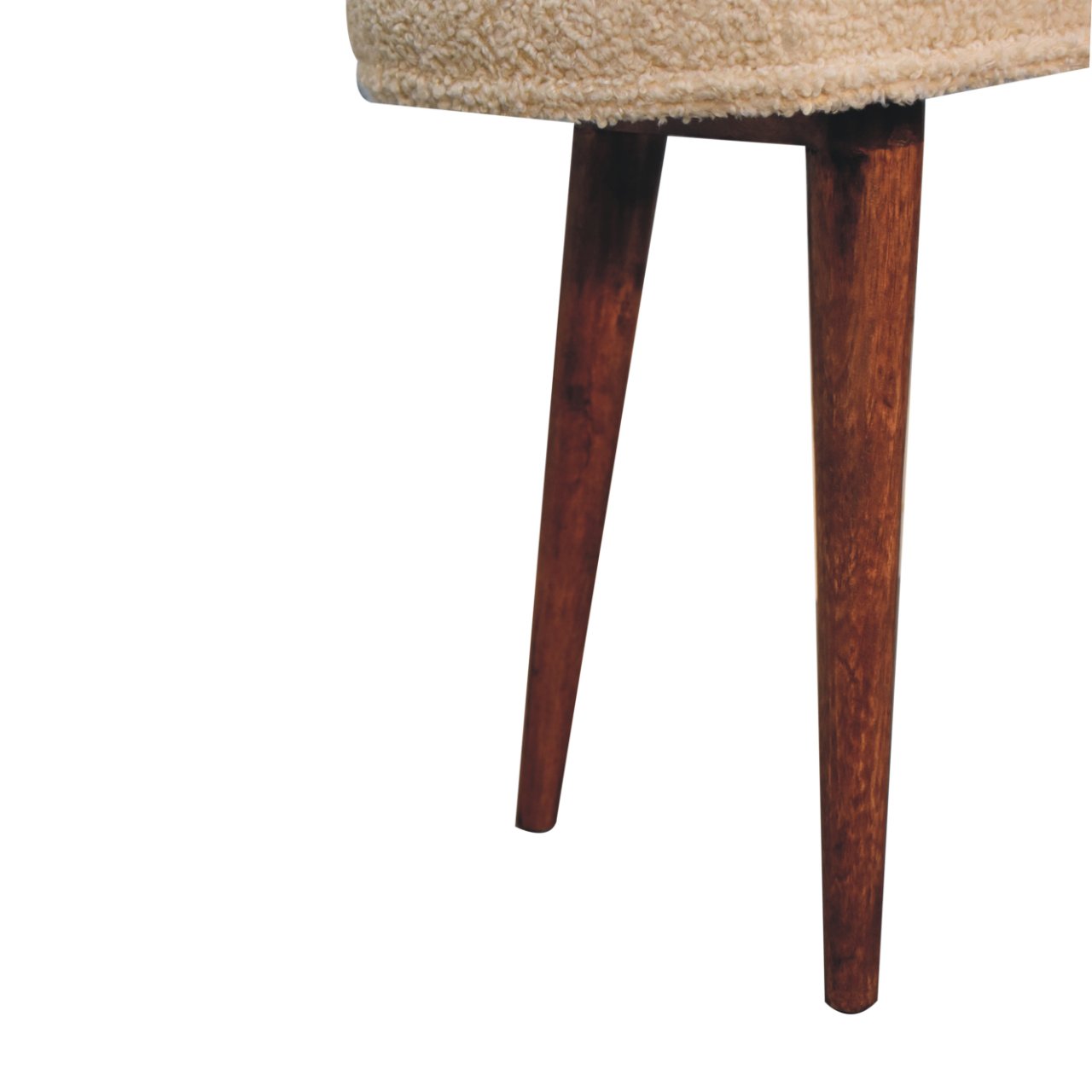 Solid Mango Wood Honey Caramel Finished Upholstered Boucle Cream Nordic Bench - Image 6