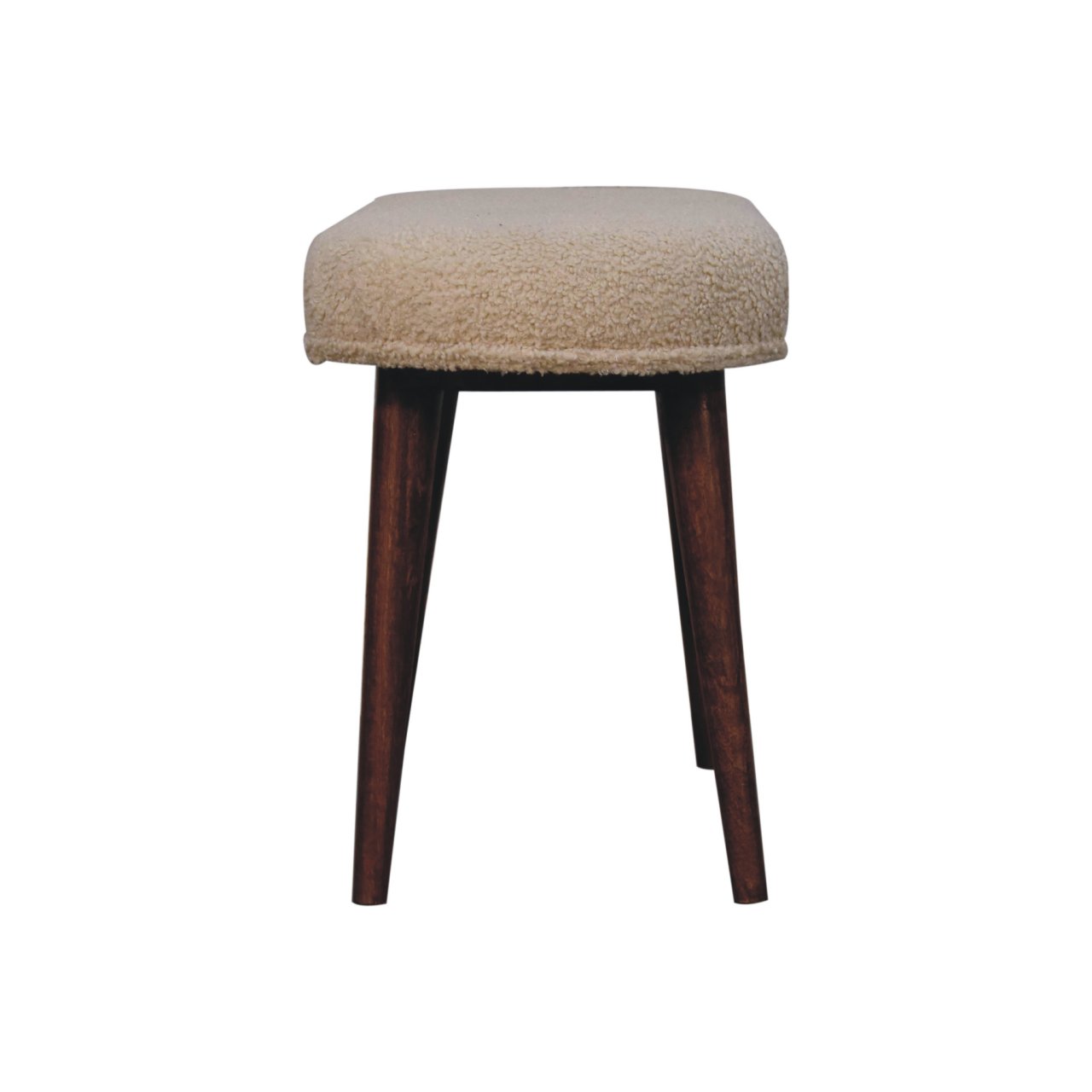 Solid Mango Wood Honey Caramel Finished Upholstered Boucle Cream Nordic Bench - Image 7