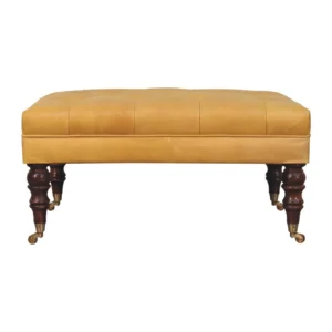 Solid Mango Wood Honey Caramel Finished and Buffalo Tan Leather Ottoman with Castor Legs