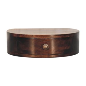 Solid Mango Wood California Walnut Finished 1 Drawer Wall Mounted Rounded Bedside