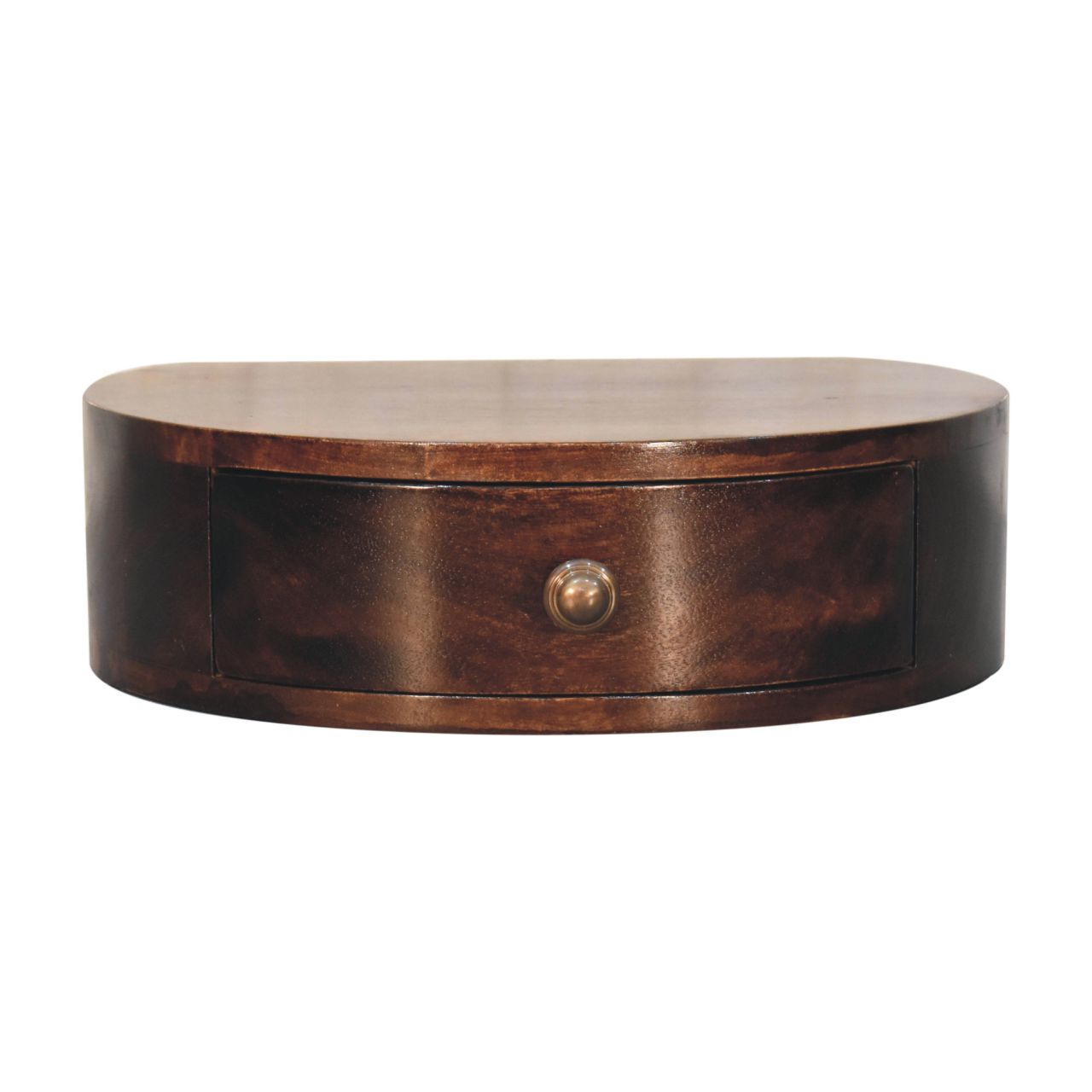 Solid Mango Wood California Walnut Finished 1 Drawer Wall Mounted Rounded Bedside