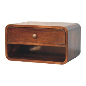 Solid Mango Wood California Walnut Finished 1 Drawer Curved Wall Mounted Bedside with Open Slot