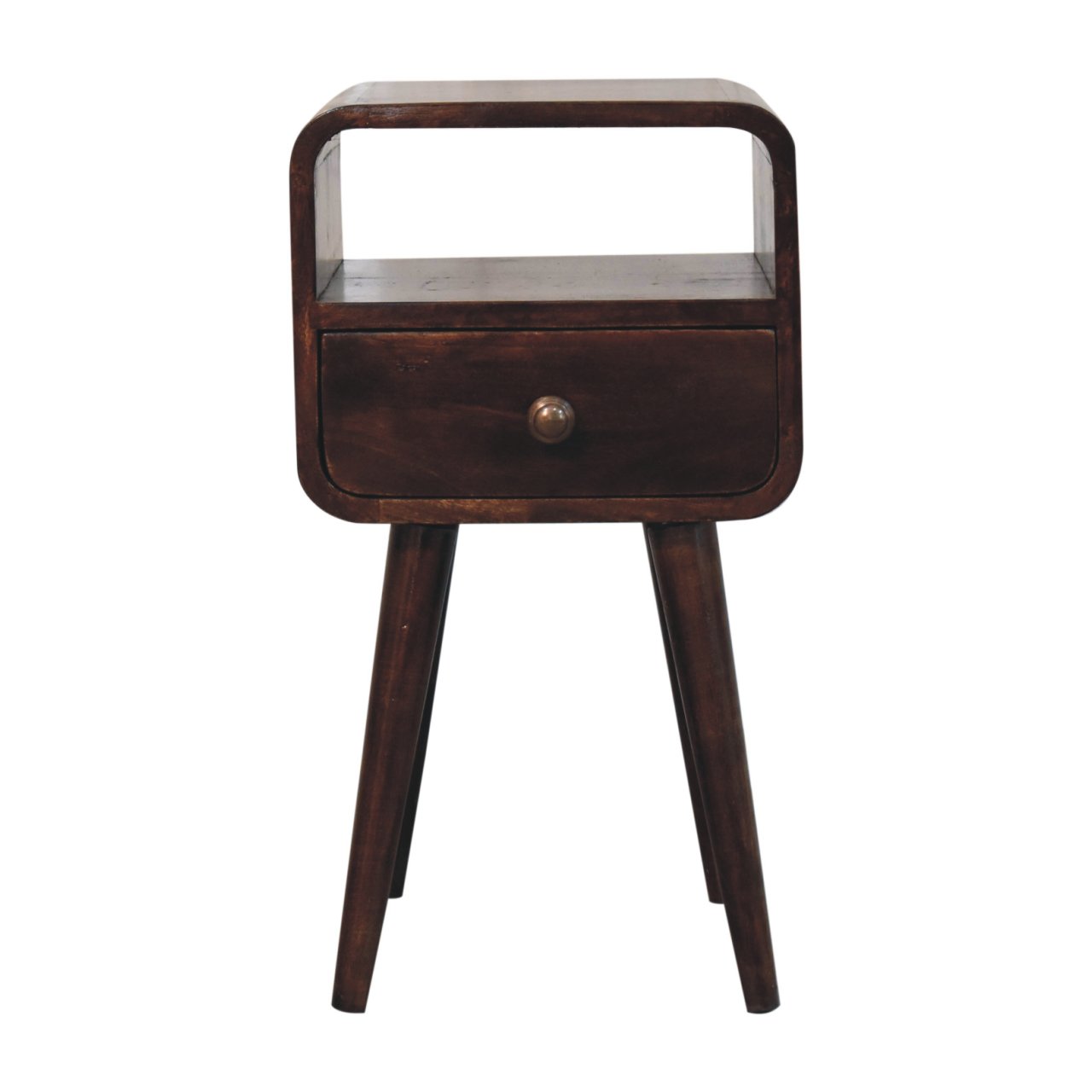 Solid Mango Wood Mini California Walnut Finished 1Drawer 1 Slot Curved Bedside