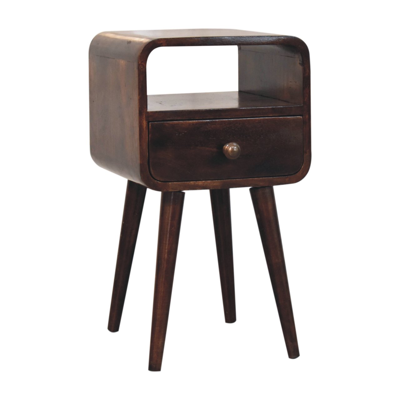 Solid Mango Wood Mini California Walnut Finished 1Drawer 1 Slot Curved Bedside - Image 2