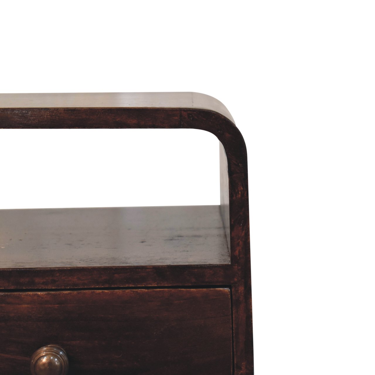 Solid Mango Wood Mini California Walnut Finished 1Drawer 1 Slot Curved Bedside - Image 4