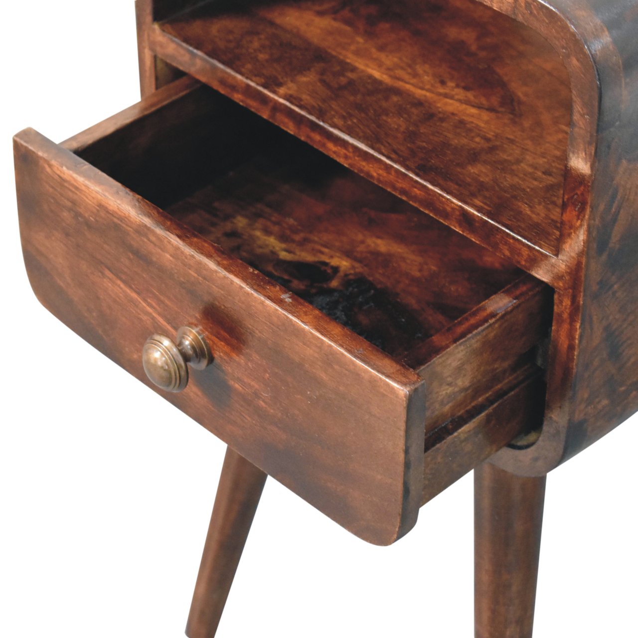 Solid Mango Wood Mini California Walnut Finished 1Drawer 1 Slot Curved Bedside - Image 6