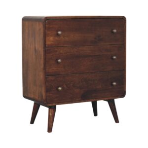 Solid Mango Wood California Walnut Finished 3 Drawer Curved Chest
