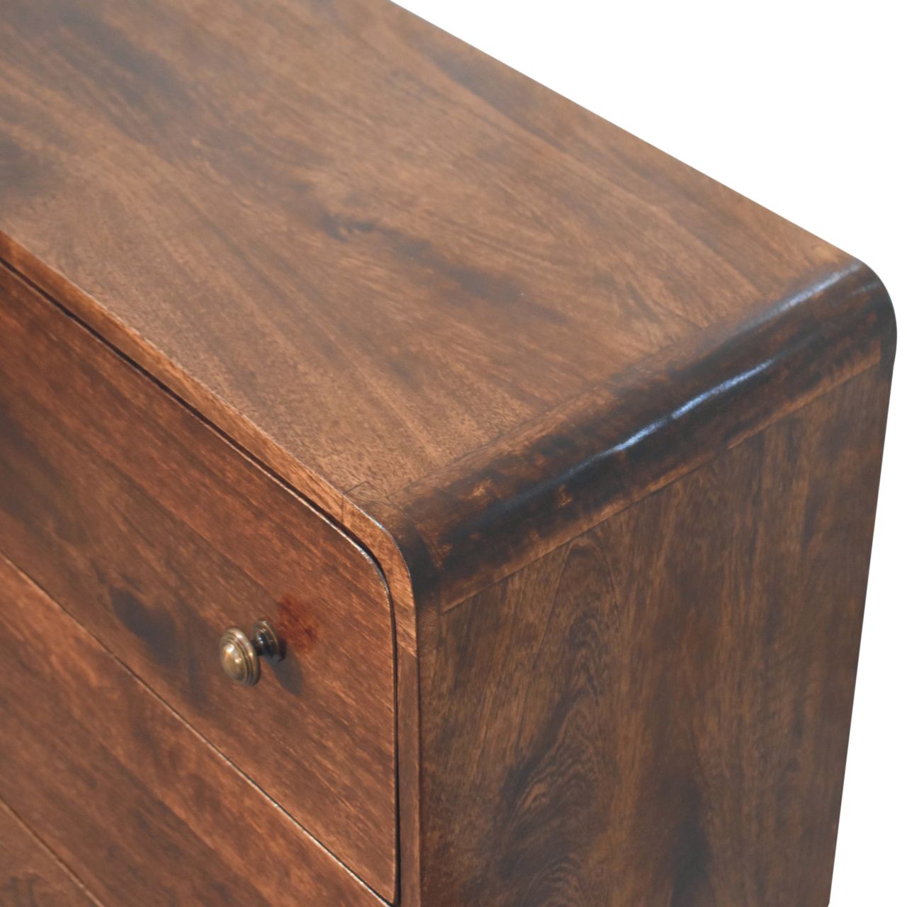 Solid Mango Wood California Walnut Finished 3 Drawer Curved Chest - Image 4
