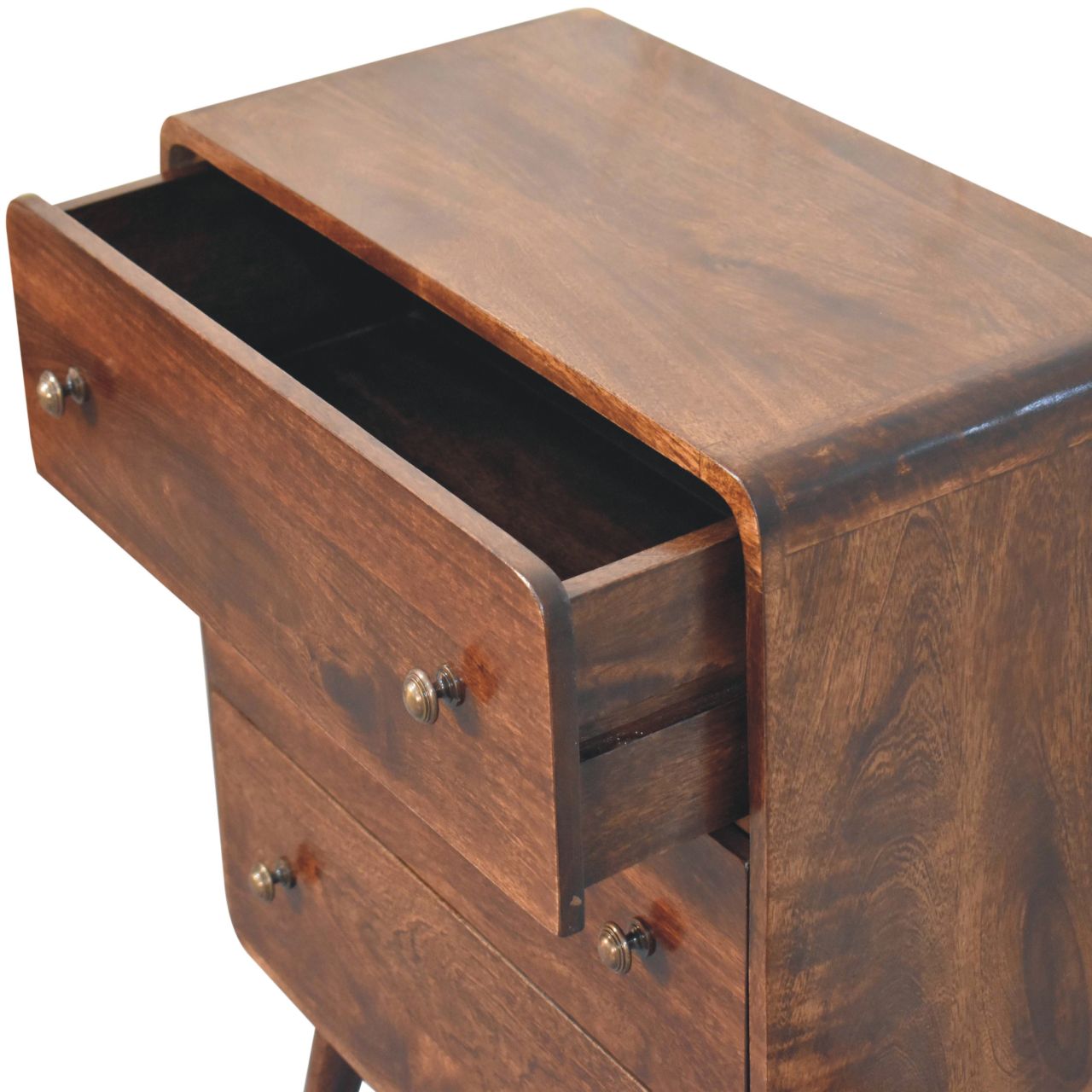 Solid Mango Wood California Walnut Finished 3 Drawer Curved Chest - Image 5