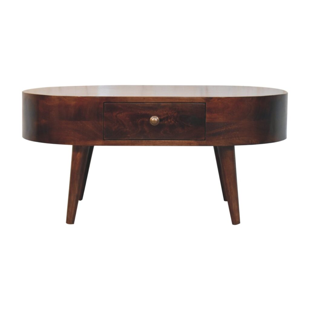 Solid Mango Wood California Walnut Finished 1 Drawer Rounded Coffee Table