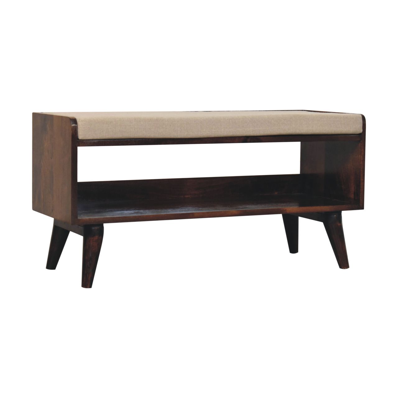 Solid Mango Wood California Walnut Finished Bench with Linen Seat Pad